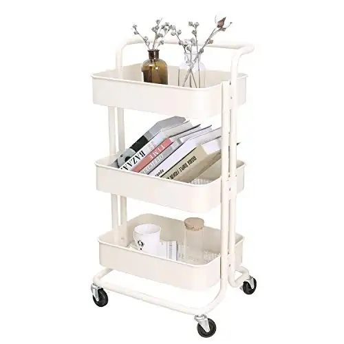 3-Tier Metal Mesh Storage Utility Cart with Brake Caster Wheels, Rolling Cart with Removable Handle, Beige