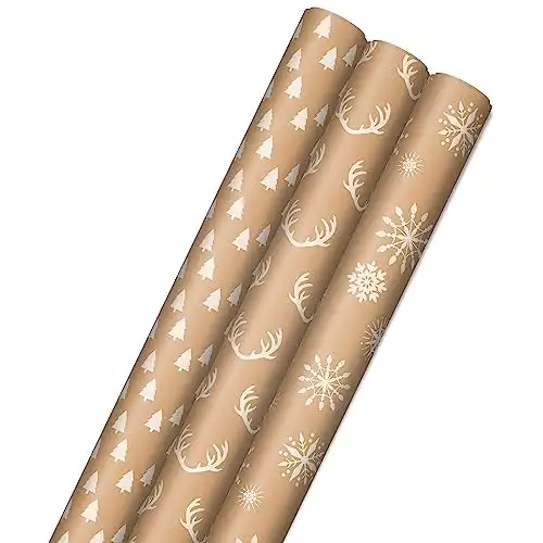 Hallmark Recyclable Kraft Wrapping Paper with Cut Lines (3 Rolls: 90 Sq. Ft. Ttl.) Minimalist Christmas, White Trees, Deer Antlers, Snowflakes on Brown Kraft for Holidays, Weddings, Winter Solstice, 3...