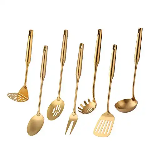 7 Pcs Round Handle Cooking Utensil Set, 304 Stainless Steel Gold Titanium Plated Cookware Sets with Public Fork/Spoon, Potato Mashers, Slotted Spatula, Soup Ladle, Pasta Server, Kitchen Tool Gadget