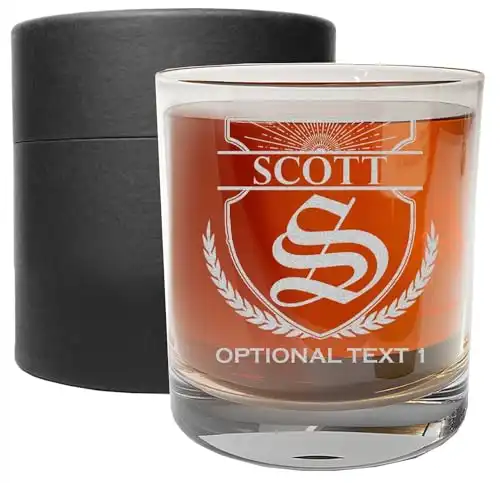 Personalized Etched 11oz Whiskey Glass – Custom Engraved Bourbon Customized Gifts for Men, Dad Scotch Drinking Birthday Glasses, Groomsmen Gifts, Liquor Cocktail Rocks Old Fashioned, Scott Monog...