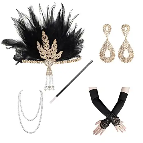 Xuhan 1920s Flapper Costume Accessories Set for Women Headband Earrings Necklace Gloves Cigarette Holder (a03)