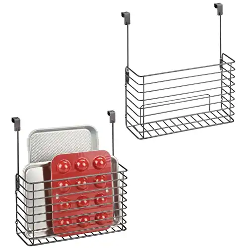 mDesign Metal Wire Kitchen Bakeware Organizer Basket - Hang Over Cabinet Door - Storage for Baking Sheets, Cupcake Tins, Cutting Boards, Foil, or Plastic Wrap - Concerto Collection - 2 Pack, Dark Gray