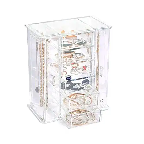 Beautify Clear Acrylic Jewelry Organizer Chest/Makeup Storage Box with 6 Drawers & Hanging Necklace Holder - Clear