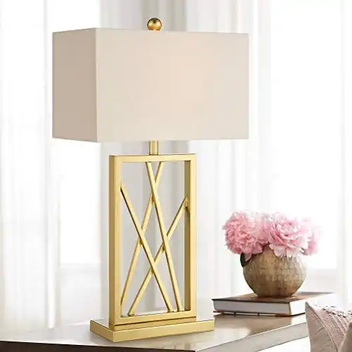 360 Lighting Claudia 26 1/2" Tall Square Modern Glam Luxe Table Lamp Gold Finish Metal Single White Shade Living Room Bedroom Bedside Nightstand House Office Home Kitchen Entryway Console