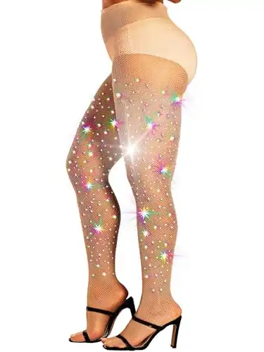 DancMolly Sparkle Rhinestone Fishnet stockings, 20 Solid Color 3 Styles Women's Glitter Crystal Tights, 1 pair (Nude - Small Hole, M-XL)