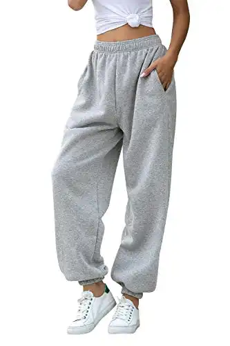 Women's Cinch Bottom Sweatpants Pockets High Waist Sporty Gym Athletic Fit Jogger Pants Lounge Trousers (Grey, Small)