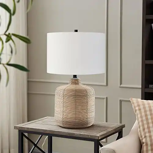Henn&Hart 20.5" Tall Petite/Rattan Table Lamp with Fabric Shade in Natural Rattan/Brass/White, Lamp, Desk Lamp for Home or Office