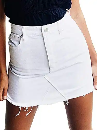 Just Quella Women's High Waisted Jean Skirt Fringed Slim Fit Denim Mini Skirt (S, White Washed)