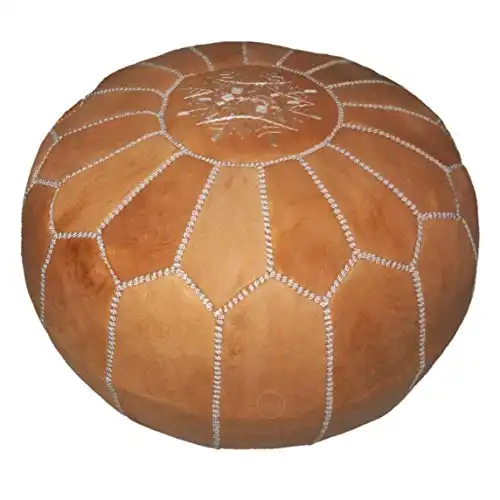 Moroccan leather pouf, handmade ottoman poof for living room furniture and home decor, floor footstool hassock, boho round chair foot rest stool pouffe, light Cognac with White Stitching