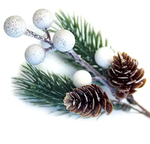 OLYPHAN White Christmas Berries/Berry Stems w. Pine Branches & Artificial Pine Cones/White Holly Spray/Wreath Picks for Winter Decor, Holiday Crafts, Xmas Decorations/Decorative Pick (Snow)