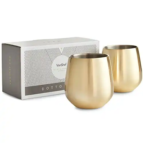 VonShef Double Walled Stemless Gold Wine Glass, Stainless Steel, Set of 2