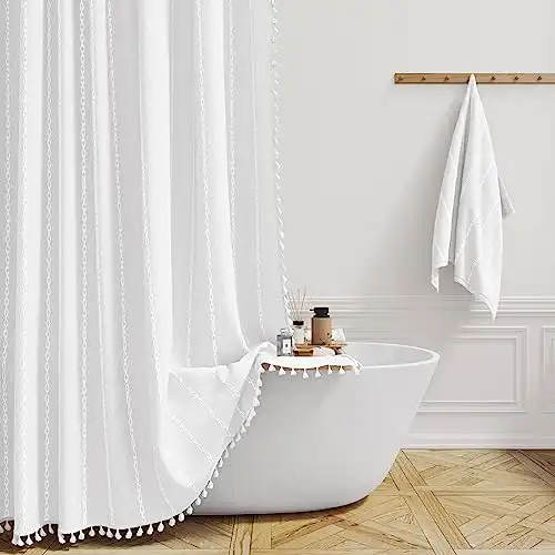 BTTN White Farmhouse Shower Curtain, Boho Linen Striped Heavy Duty Fabric Shower Curtain Set with Tassel, Bohemian Country Ultra Thick Shower Curtain for Bathroom, Wrinkle Free, Water Repellent, 72x72