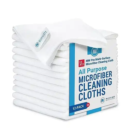 12" x 12" MW Pro Multi-Surface Microfiber Cleaning Cloths | White - 12 Pack | Premium Microfiber Towels for Cleaning Glass, Kitchens, Bathrooms, Automotive, Supplies & Products
