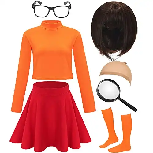 HMPRT Halloween Costume for Women,Brown Bob Wig,Long Sleeve Turtleneck Crop Top,Skater Skirt,Magnifying Glass,Socks and Glasses - XX-Large