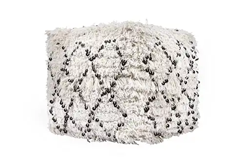 Creative Co-Op White Fringed Moroccan Pouf with Sequin Design
