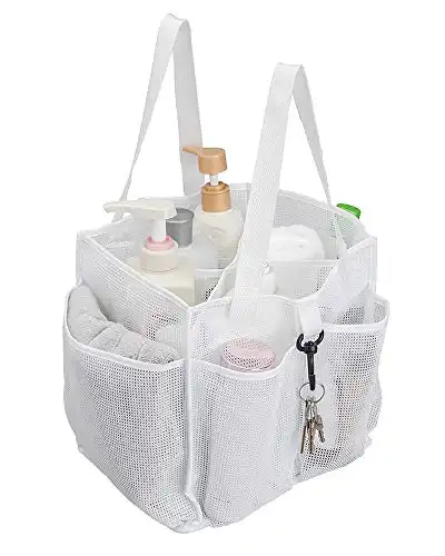 ALYER Mesh Shower Caddy Basket,Large Shower Bag Tote,Hanging Bath Toiletry Organizer with 1 Big Separated Inner Compartment and 6 Deep Outer Pockets (White)