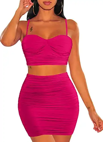 BEAGIMEG Women's Spaghetti Strap Sexy Top Bodycon Skirt Ruched 2 Piece Mini Dress Rose