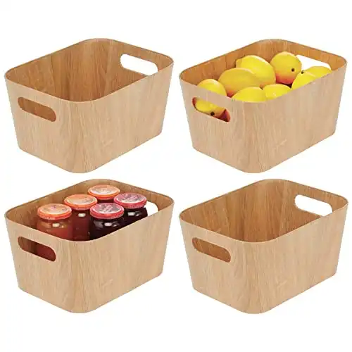 mDesign Wood Print Food Bin Box with Handles - Rustic Basket for Kitchen and Pantry Vegetable and Potato Storage - Perfect for Garlic, Onions, Fruit, and More - 12" Long - 4 Pack - Natural