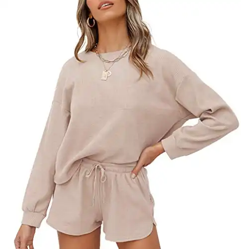 ZESICA Women's Waffle Knit Long Sleeve Top and Shorts Pullover Nightwear Lounge Pajama Set with Pockets,Cobalt,X-Large Beige