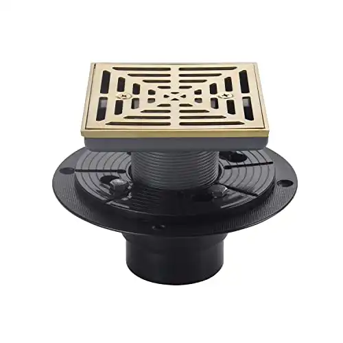 DEOKXZ 4-1/4 Inch Brushed Gold Shower Drain Square, Base with Adjustable Drain Flange Kit PVC, Removable Grille Strainer Drain Cover with Screws, SUS304 Stainless Steel Brass Face