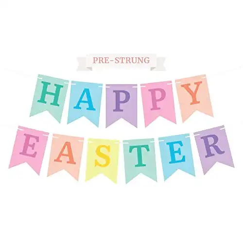 Pre-Strung Happy Easter Banner - NO DIY - Colorful Easter Banner - Pre-Strung Garland on 6 ft Strands - Pastel Easter Banner for Fireplace or Door. Easter Decorations & Decor. Did we mention no DI...