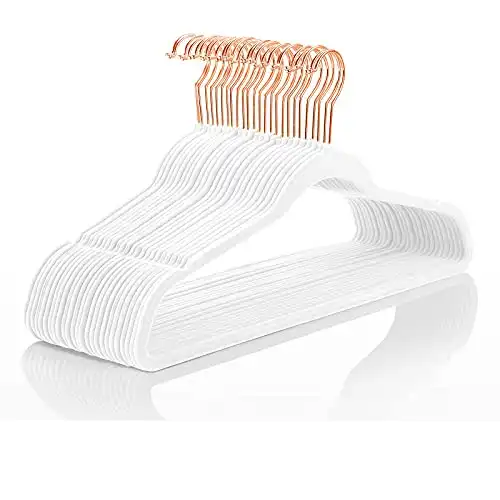 MIZGI Premium Velvet Hangers (30 Pack) Heavy Duty - Non Slip Velvet Suit Hangers White - Copper/Rose Gold Hooks,Space Saving Clothes Hangers (White)