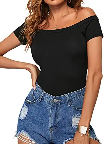Women's Short Sleeve Vogue Fitted Off The Shoulder Modal Blouse Top T-Shirt A-Black