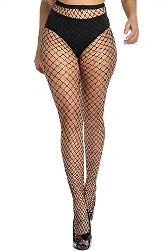 Confonze Fishnet Stockings Womens High Waist Tights Sexy Sheer Mesh Pantyhose (Black_L Hole)