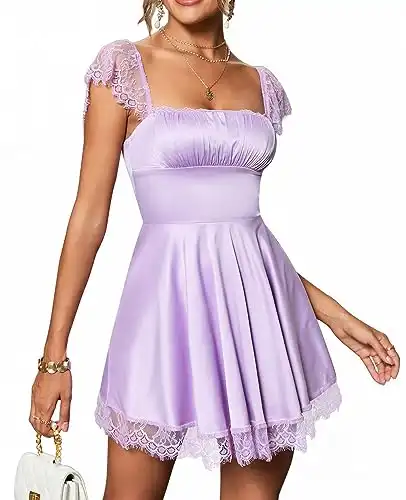 EYNMIN Women's Satin Lace Strap Mini Dress Square Neck Flowy A-Line Ruffle Swing Casual Short Dresses Lavender-XS