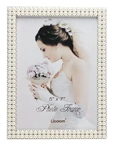 Licotom Metal Picture Frame Silver Plated with Pearls 5x7 Inch, Special Occasion Anniversary Wedding Gift Photo Frame