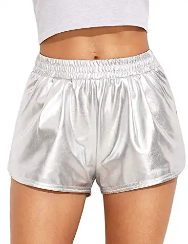 Women's Yoga Hot Shorts Shiny Metallic Pants (Silver, X-Large)
