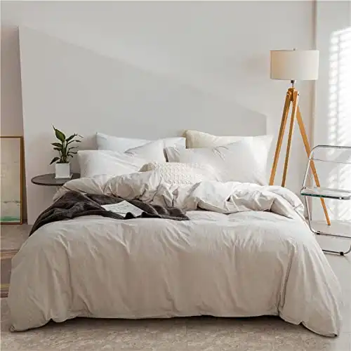 EAVD Modern Style Solid Beige Duvet Cover King Soft 100% Washed Cotton Neutral Textured Beige Bedding Set Luxury Boho Beige Comforter Cover Set with Zipper Closure
