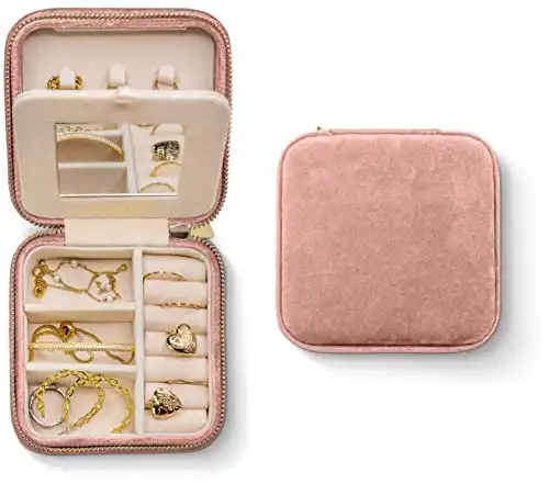 Plush Velvet Travel Jewelry Box Organizer | Travel Jewelry Organizer Box, Travel Jewelry Case | Small Jewelry Box for Women, Jewelry Travel Case | Earring Organizer with Mirror - Dusty Pink