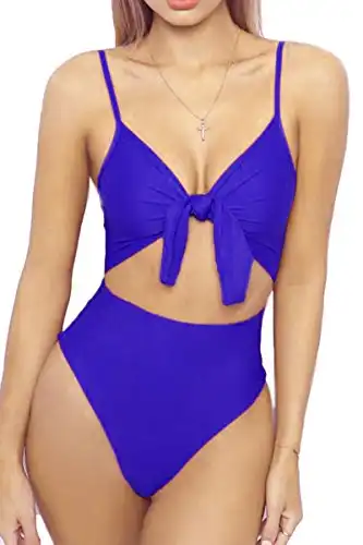 LEISUP Womens Fahsion Tie Knot Front Bathing Suit Padded Cutout One Piece Swimsuit Sapphire S