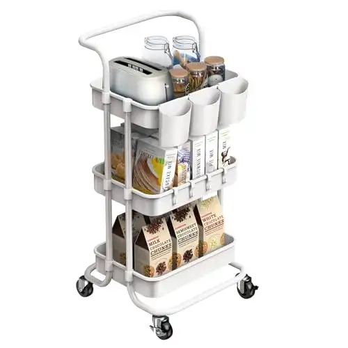 ALVOROG 3-Tier Rolling Utility Cart Storage Shelves Multifunction Storage Trolley Service Cart with Mesh Basket Handles and Wheels Easy Assembly for Bathroom, Kitchen, Office (White)