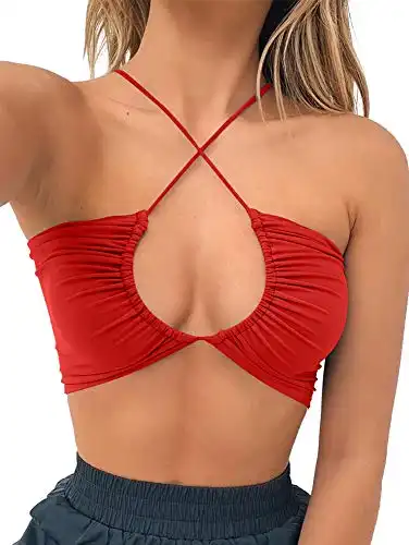 TOB Women's Sexy Criss Cross Lace Up Sling Basic Bow Tie Crop Top Red