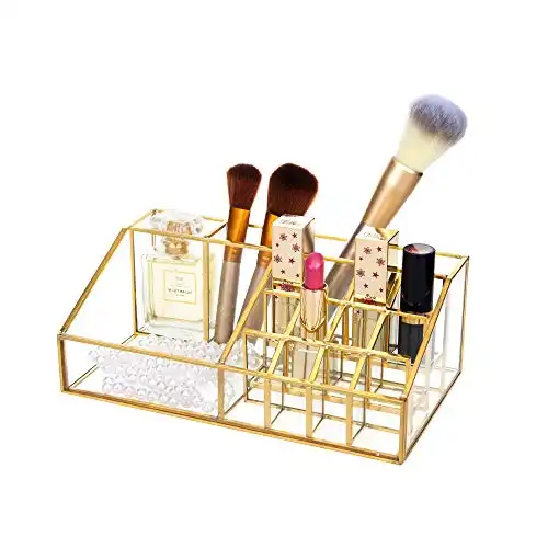 Feyarl Gold Clear Glass Makeup Box Cosmetic Storage Organizer Makeup Brushes Perfume Lipsticks Nail Polish Vanity Holder Organizer Dresser Countertop