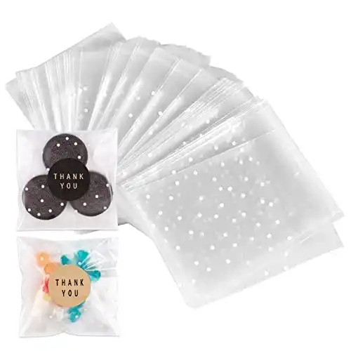 YunKo 200PACK Self Sealing Cellophane Bags Clear Cookie Bags for Gift Giving Treat bags for Packaging Cookies,Candy,Gifts(White Polka Dot,4x4Inches)