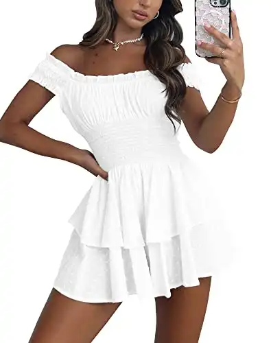 Bingerlily Womens Summer Off Shoulder Mini Dress Cute Chiffon Slim Fit Dresses (White,Medium,Adult,Female,US,Alpha,Regular,Regular,Medium)