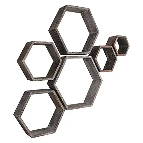 Honeycomb Floating Shelves, Set of 6, Natural Rustic Wood, Hexagon Wall Mount Decor for Living/Dining Room, Bedroom, Kitchen, Bathroom or Office Gallery Wall, Screws and Installation Manual Included