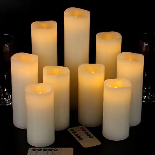 Vinkor Flameless Candles Battery Operated Candles 4" 5" 6" 7" 8" 9" Set of 9 Ivory Real Wax Pillar LED Candles with 10-Key Remote and Cycling 24 Hours Timer