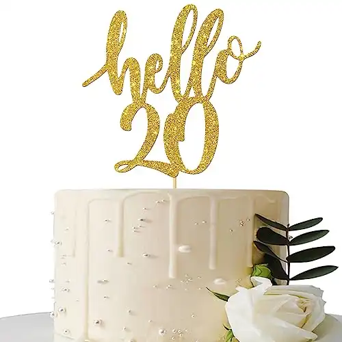 Hello 20 Cake Topper – 20th Birthday / 20th Anniversary Party Cake Decoration, 20th Birthday / 20th Anniversary Party Decorations Supplies (Gold, Hello 20)