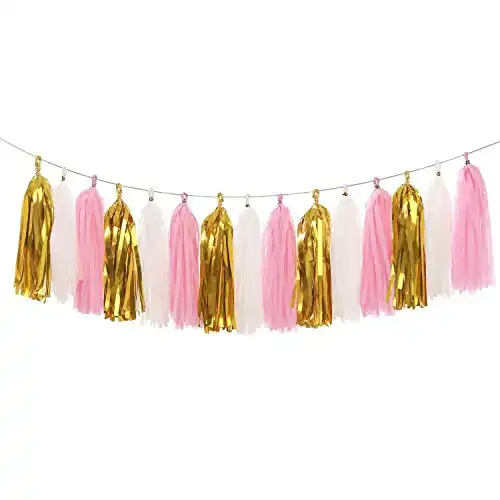 Aonor Paper Tassels Garland Banner - Tissue Paper Tassels for Wedding, Birthday, Festival Party Wall Decoration (Metallic Gold+Pink+White), 15 PCS