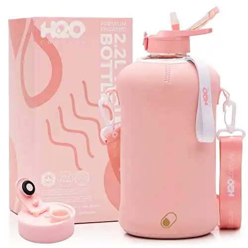 H2O Capsule 2.2L Half Gallon Water Bottle with Storage Sleeve and Covered Straw Lid – BPA Free Large Reusable Drink Container with Handle - Big Sports Jug, 2.2 Liter (74 Ounce) Rose Quartz