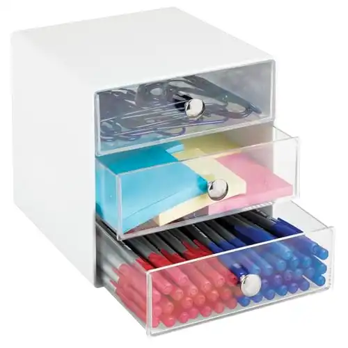 mDesign Plastic Office Desk Organizer with Drawers - Desktop Storage Unit for Work Supplies - 3 Drawer Cube Office Supply Organizer for Pencil, Pen, Stationary Storage, Lumiere Collection, White/Clear