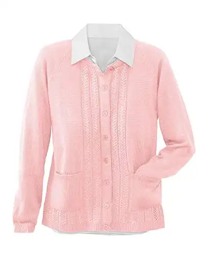 National Women's Long Sleeve Button-Front Classic Cardigan Sweater Pointelle Knit, Soft Pink, Large