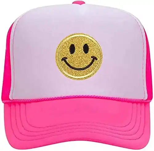 Lin Su Fashion Smile Face Sequins Baseball Cap Printing Neon High Crown Foam Mesh Back Trucker Hat-for Men and Women (Multicoloured-7)