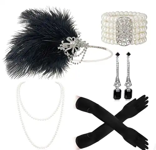 Cizoe 1920s Gatsby Accessories Set for Women Flapper Headband 20s Headpiece Necklace Gloves2e