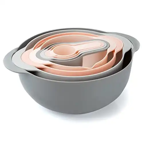 COOK WITH COLOR 8 Piece Nesting Bowls with Measuring Cups Colander and Sifter Set - Includes 2 Mixing Bowls, 1 Colander, 1 Sifter and 4 Measuring Cups, Pink, Dark Grey