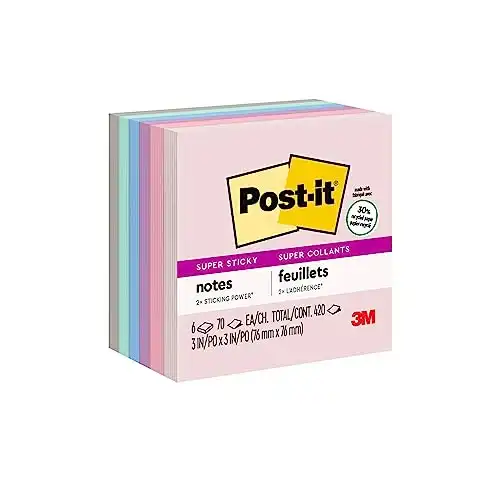 Post-it Super Sticky Recycled Notes, 5 Pastel Colors, Sticks and Resticks, 3 in x 3 in